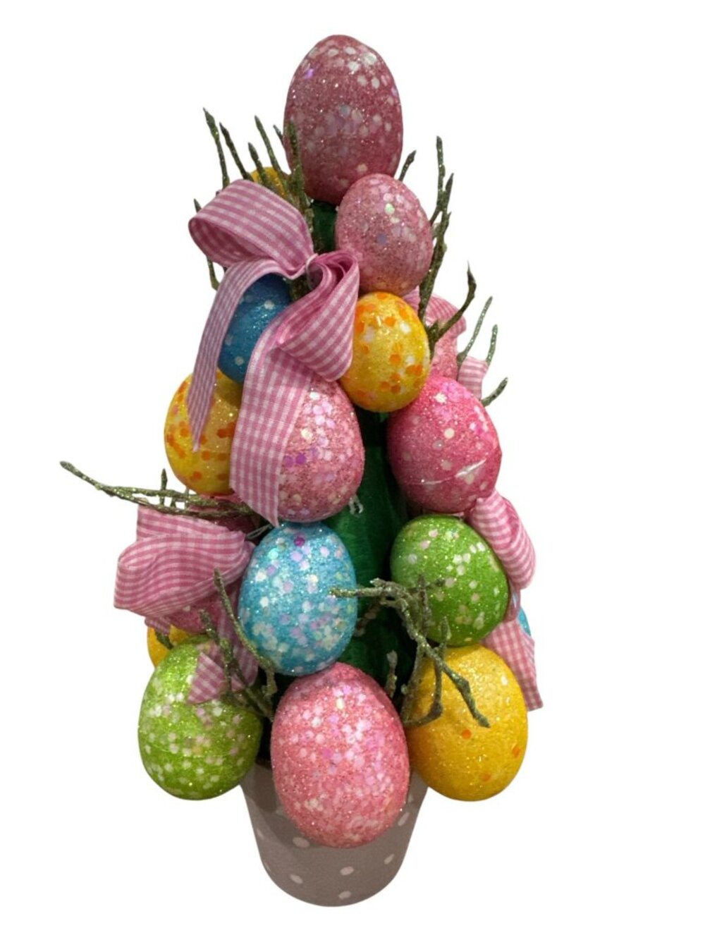 Sparkling Easter Egg Tree With Glitter Polka-Dot Pot & Pink Gingham Ribbons - Fe